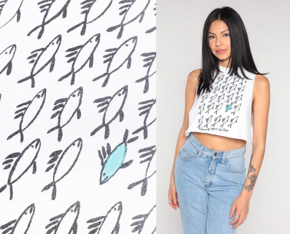 Key West Crop Top 90s Florida Tank Top Terminally Unique Fish Graphic Tee Cutoff Cropped Muscle Shirt  Summer White Vintage 1990s Small xs