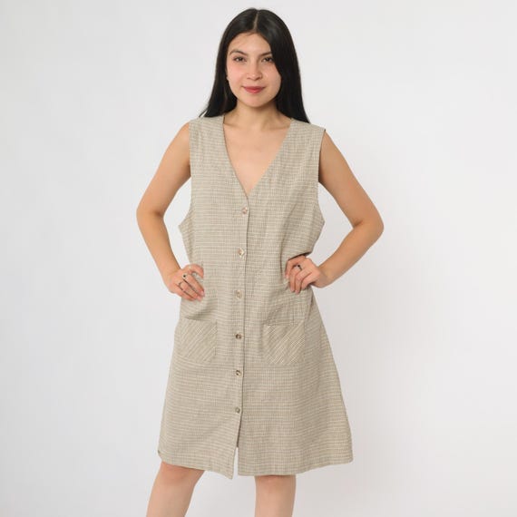 90s Linen Dress Summer Day Dress Ellen Ashley Button Front Cotton Sleeveless Shift Pinafore Pocket Detail Neutral Minimalist Summer Large L