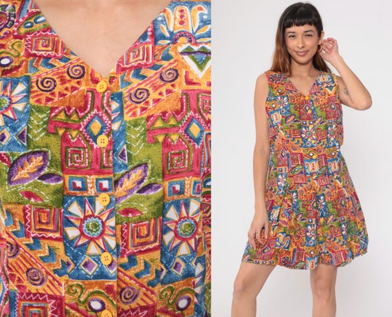 90s Geometric Romper Playsuit Button up V Neck Abstract Floral Print Mini Shorts Sleeveless Vintage 1990s Wide Leg Large xl