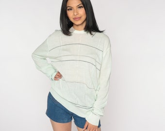 Light Green Sweater 80s Semi-Sheer Cable Knit Collared Sweater Retro Striped Pullover Polo Sweater Vintage Acrylic Knitwear Mens Large L