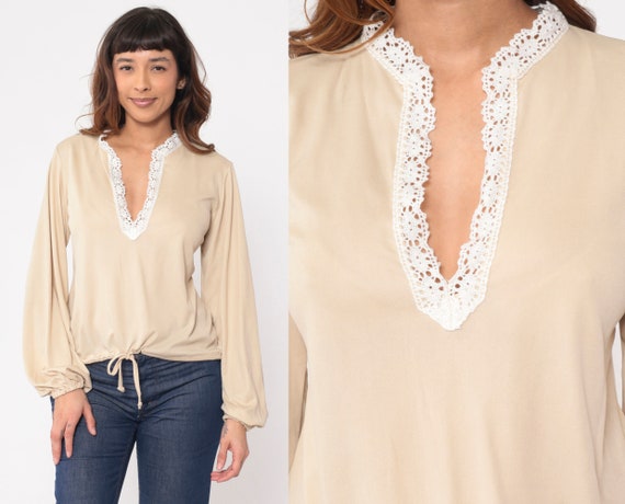 Boho Hippie Blouse 70s Beige Crochet Lace Trim Shirt 1970s Blouse Drawstring Waist V Neck Top Bohemian Retro Vintage Long Sleeve Medium 36