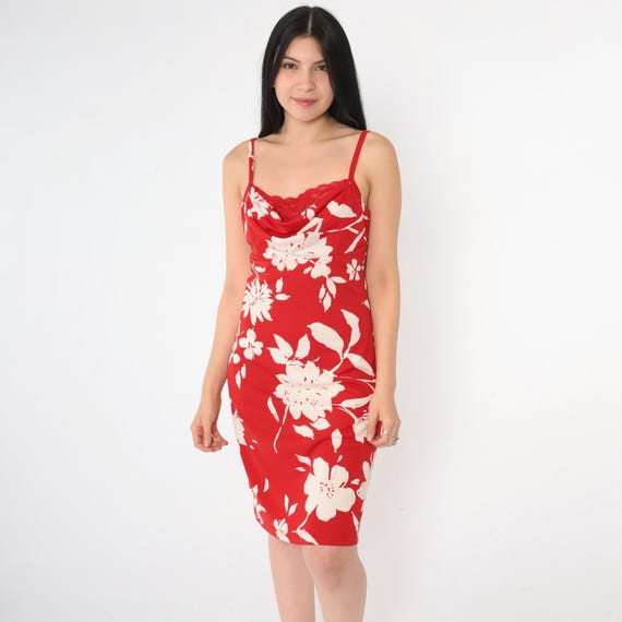 Vintage Y2K Floral Summer Dress Red Cowl Neck Lace Bust 90s Flower Print Midi Dress Sundress Boho Spaghetti Strap 1990s Small Medium
