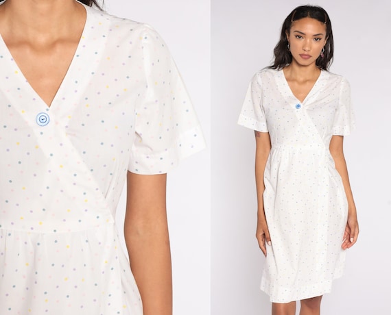 80s Mini Dress White Polka Dot Button Up Dress Secretary Wrap V Neck 1980s Short Sleeve Vintage Retro Preppy Medium 8