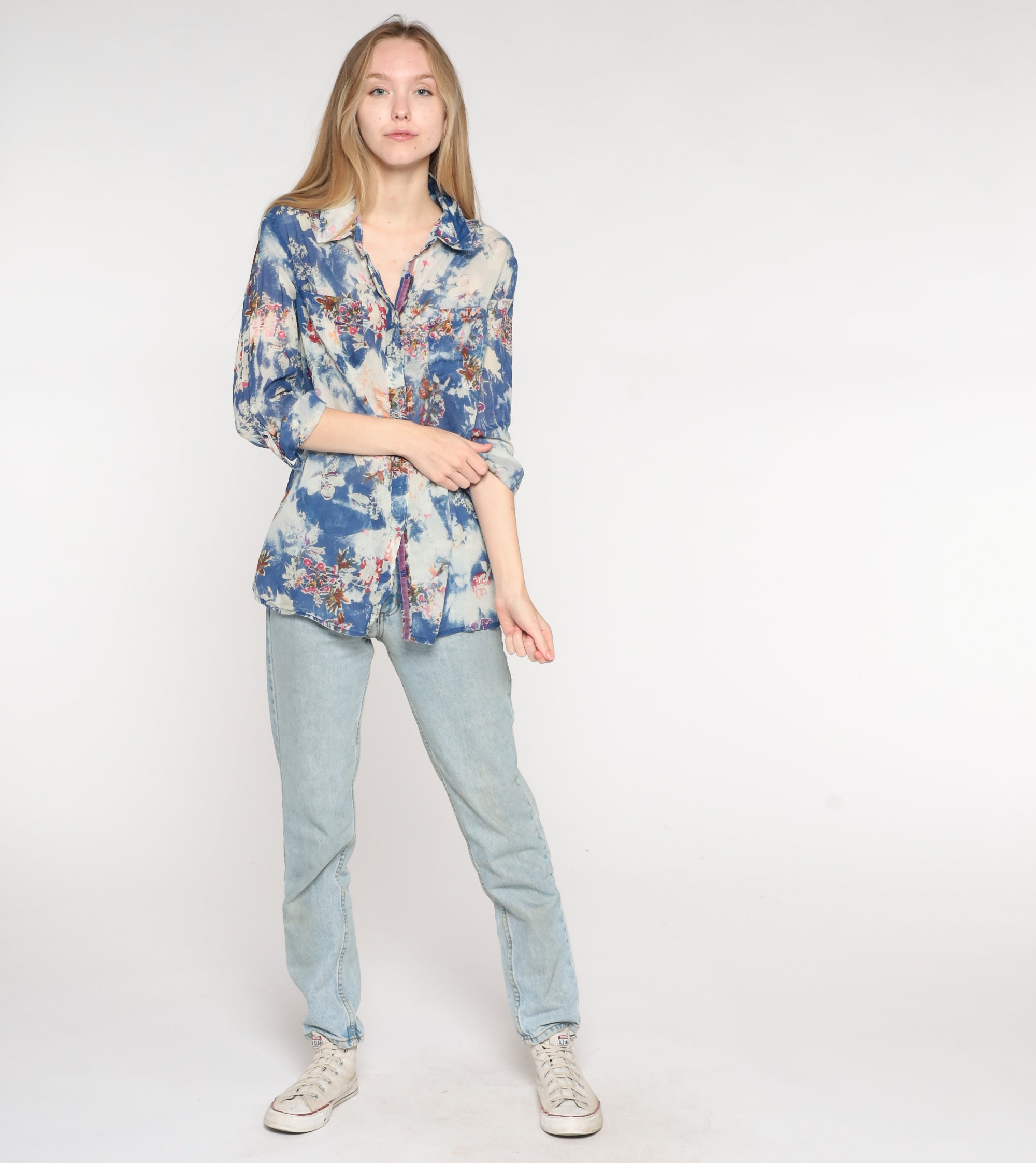 Blue Floral Shirt Y2K Blouse Tie Dye Button Up Shirt Abstract Long ...