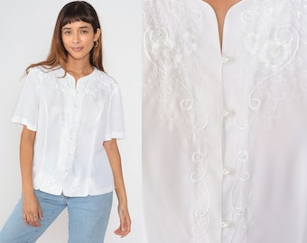 White Embroidered Top 90s Pearl Beaded Blouse Button up Shirt Semi-Sheer Short Sleeve Flower Bohemian Romantic Boho Vintage 1990s Large L 12