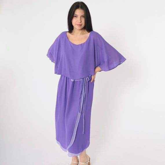 70s Capelet Party Dress Two Tone Purple Vintage 1970s Grecian Dress High Waist Boho Midi Chiffon Drape Gown Formal Bohemian Cocktail Medium