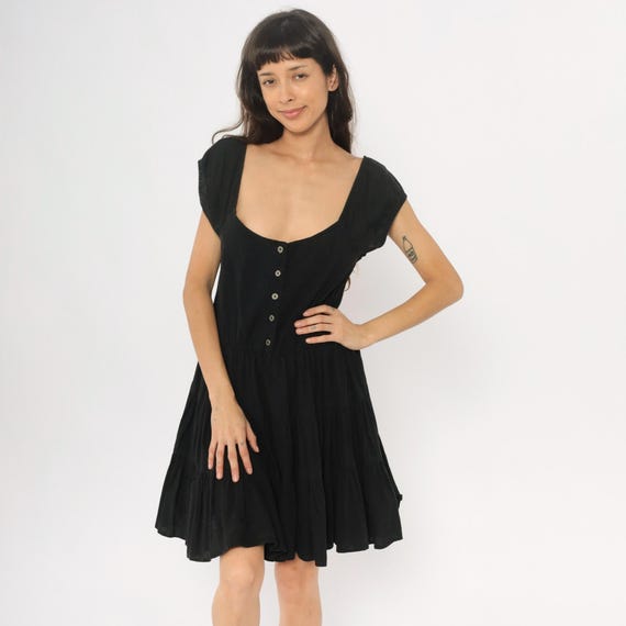 Black Prairie Mini Dress 90s Cotton Tiered Ruffled Skirt Cap Sleeve Peasant Vintage Fit Flare Scoop Neck Grunge Alternative Gothic Medium M