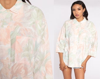 80s Brushstroke Shirt Pastel Abstract Print Top Button Up Shirt Graphic Blouse 3/4 Sleeve 1980s Vintage Pink Green Large L