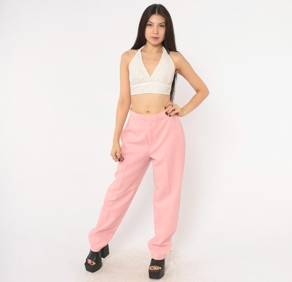 70s Pink Trousers High Waist Tapered Pants Bend Over Pastel Straight Leg Pressed Crease Baby Rose Coquette Womens Vintage Medium M