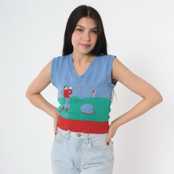 Vintage Golf Knit Vest 80s Blue Sleeveless Sweater Golf Scene Graphic V Neck Pullover Preppy Sportswear 1980s Retro Extra Small xs
