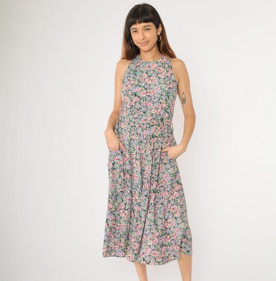 Vintage Floral Midi Dress 90s Summer Boho Pocket Sundress Pink Purple High Waisted Flowy Day Dress Sleeveless 1990s Ed Michaels Small 3/4