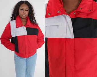 Red Puffer Jacket 80s Color Block Ski Jacket Vintage Grey Black Retro Striped Puffy Coat Winter 1980s Puff Jacket Athletic Men's Medium