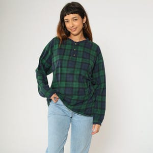 Vintage 90s Plaid Henley Shirt L Green Navy Blue Cotton Long Sleeve Grunge Preppy Casual Top 1990s Quarter Button up Men&#39;s Size Large