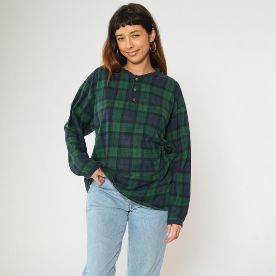 Vintage 90s Plaid Henley Shirt L Green Navy Blue Cotton Long Sleeve Grunge Preppy Casual Top 1990s Quarter Button up Men's Size Large