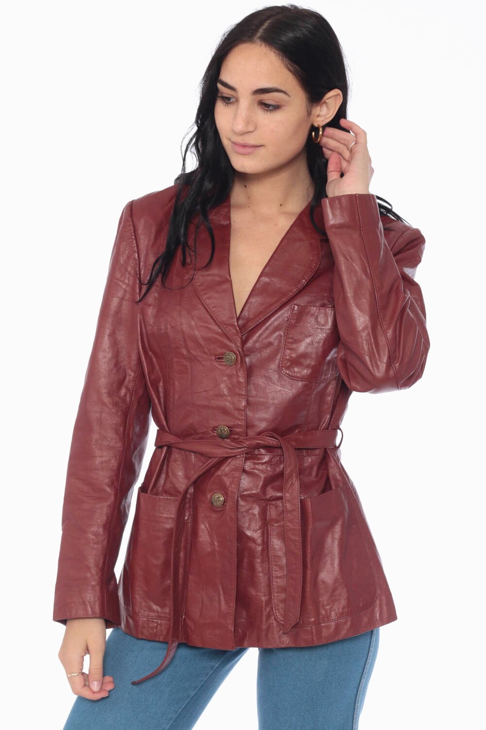 70s Leather Jacket Coat Brown Belted Trench Coat Boho Hippie Jacket 1970s Womens Spy Jacket 