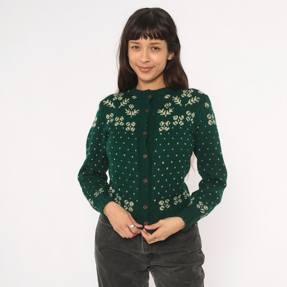 70s Fair Isle Cardigan Forest Green Cream Floral Knit Fitted Sweater Snowflake Nordic Winter Holiday Wool Blend Vintage Women Extra Small XS