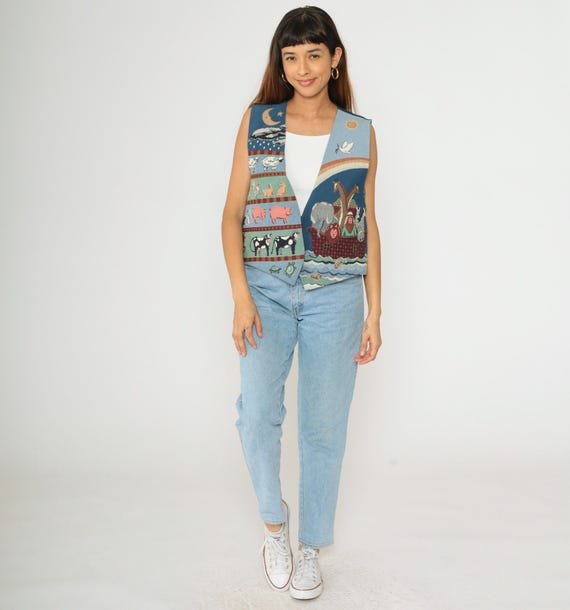 Vintage Noah's Ark Tapestry Vest 90s Shabby Chic Woven Open Front Vest Animal Christian Print Sleeveless Jacket Retro Kitsch 1990s Large xl