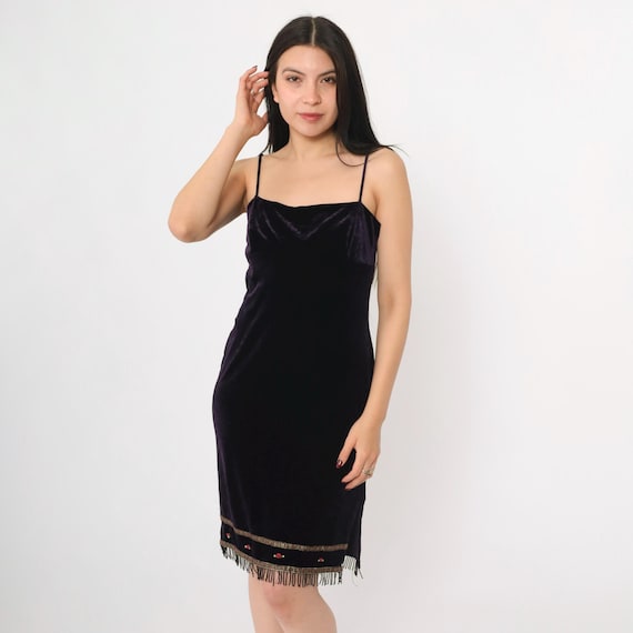 Vintage Velvet Mini Dress Y2K Purple Beaded Fringe Spaghetti Strap Party Dress Sleeveless Bodycon 00s Cocktail Minidress Evening Medium