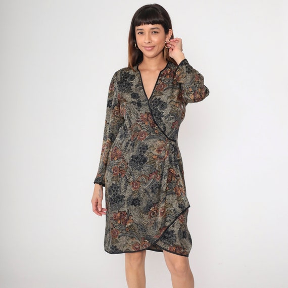 90s Silk Wrap Dress Indian Floral Pattern Long Sleeve Knee Length Vintage V Neck Bohemian Black Off White Busy Print 1990s Medium