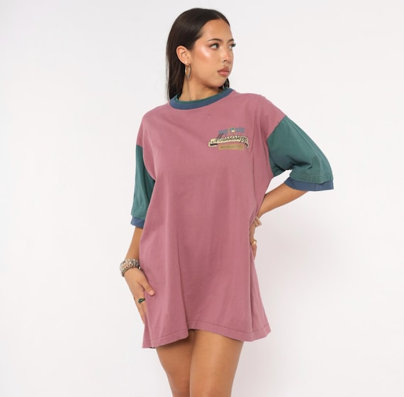 Mississippi Magnolia State Color Block Tee 90s Souvenir Shirt Mauve Teal Cotton Crewneck Short Sleeve Graphic Vintage Extra Large XL