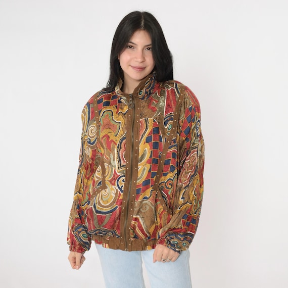 90s Silk Windbreaker Jacket Abstract Leaf Print Bomber 90s Silk Windbreaker Jacket Abstract Leaf Print Bomber