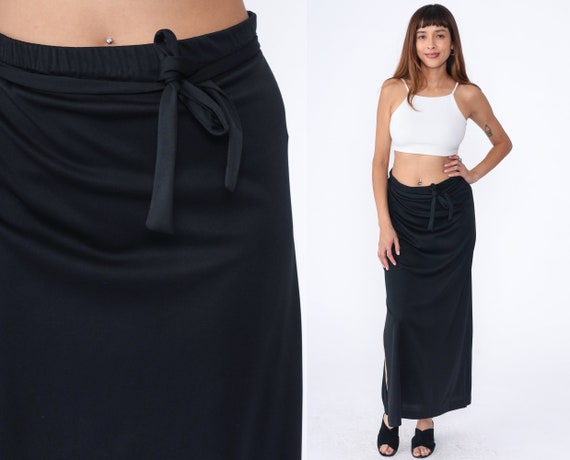 Long Black Skirt 70s Maxi Skirt Straight Skirt High Waisted Hippie Boho Simple Plain Party Bohemian Minimalist Vintage 1970s Large L