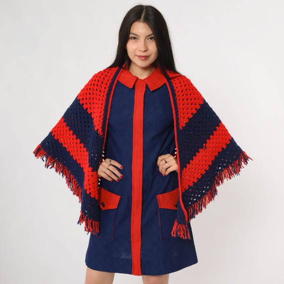 70s Crochet Shawl Red Navy Blue Granny Square Fringe Poncho Hippie Festival Bohemian Handmade Triangle Chevron Pattern Retro One Size