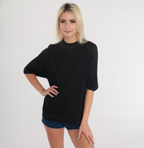 Black Sweater Top 80s Cable Knit Shirt Short Sleeve Sweater Cableknit Casual Blouse Simple Basic Pain Acrylic Blend Vintage 1980s Large L