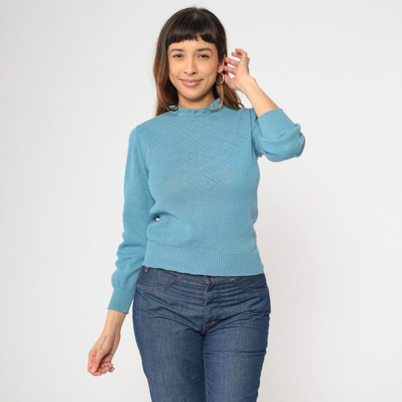 Vintage Sheer Blue Sweater 80s Puff Sleeve Pointelle Cutout Knit Pullover Sweater Ruffle Collar Cut Out 1980s Sweater Extra Small xs