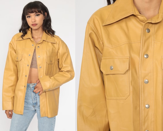 Faux Leather Jacket 70s Pleather Jacket Tan Vegan Bohemian Fake Leather Coat Brown Button Up 1970s Boho Hippie Vintage Medium