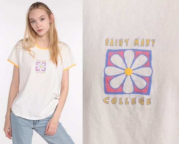 Saint Mary College Shirt 90s T Shirt Retro Tee Ringer Tee Shirt Daisy Shirt Vintage1990s Short Sleeve Top Medium Large