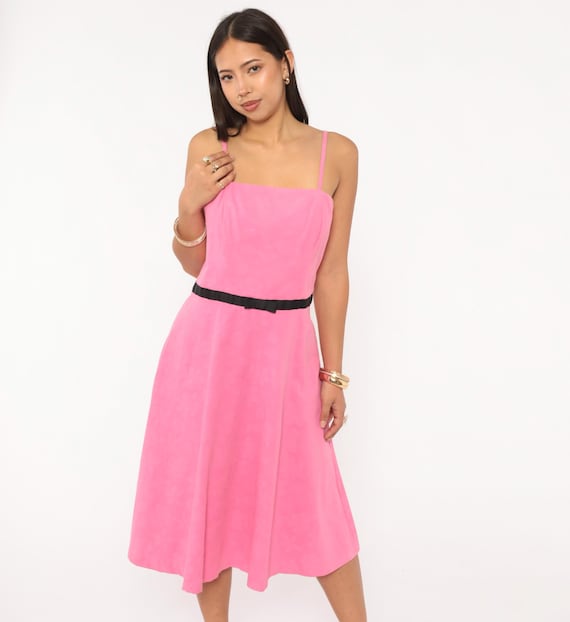 Pink Floral Jacquard Sundress 2000s Spaghetti Strap Cotton Black Bow Waist Coquette Fit Flare Rose Summer Feminine Blush Party Medium M