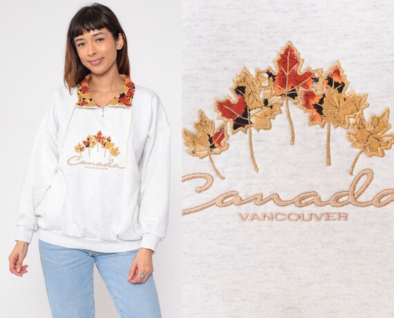 Canada Sweatshirt 90s Vancouver Sweatshirt Fall Maple Leaf Print Quarter Zip Shirt Graphic Tourist Sweater Retro Vintage 1990s Medium M