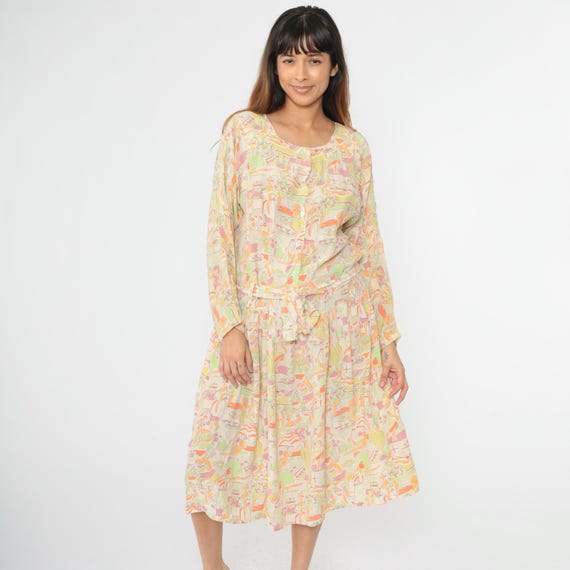 Vintage 90s Silk Dress Pastel Abstract People Print Button Up Midi Shirtdress Long Sleeve 1990s Low Waist Belted Oversized Medium M