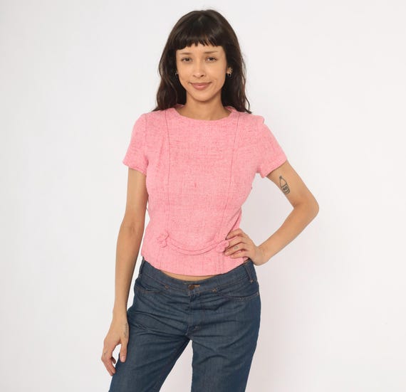 60s Pink Tweed Blouse Top Rose Cotton Fitted Waist Bow Detail Scoop Neck Paneled Structured Shirt Bubblegum Mod Vintage Coquette Small S