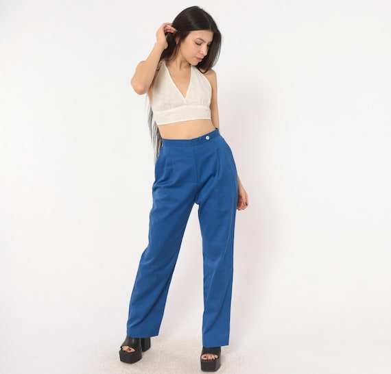 70s Cobalt Trousers Evan-Picone High Waist Pleated Cotton Pants Straight Leg Tapered Royal Blue Preppy Dark Academia Vintage Womens Small S