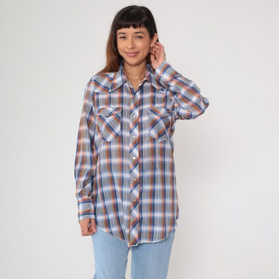 90s Wrangler Western Shirt Plaid Pearl Snap Shirt Blue Brown Checkered Long Sleeve Button up Orange Vintage 1990s Small S 18 33