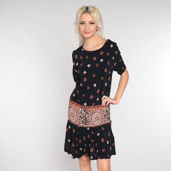 90s Day Dress Black Mini Dress Abstract Floral Tile Medallion Print Grunge Bohemian Short Sleeve Retro Minidress Vintage 1990s Small S