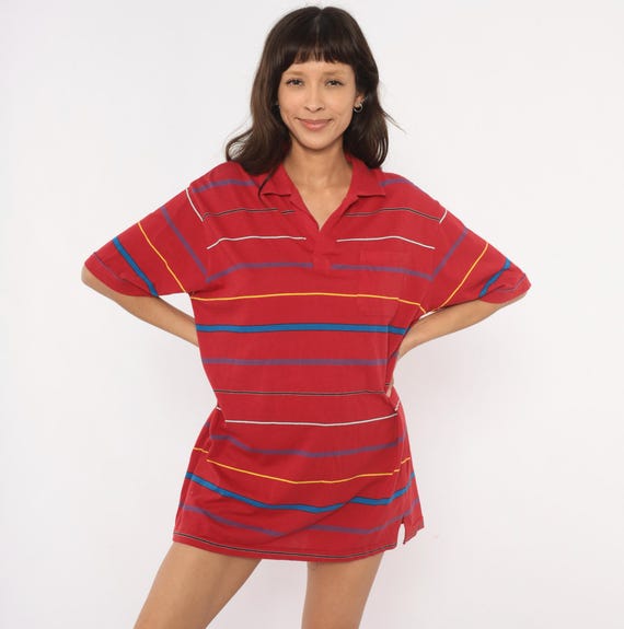 80s Striped Polo Shirt Red Blue Yellow Multi Color V Neck Collar Pocket Tee Preppy Collegiate Cotton Vintage Summer Top Extra Large XL