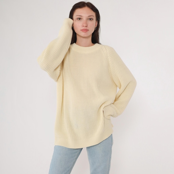 Vintage Cream Sweater Plain Ribbed Sweater 80s Slouchy Knit Pullover Jumper Raglan Sleeve Crewneck 1980s Normcore Extra Large xl