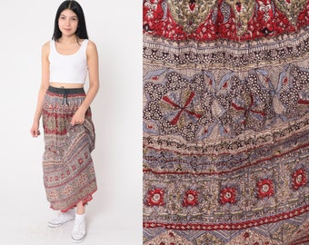 Floral Broomstick Skirt 90s Midi Skirt Retro Drawstring Waist Bohemian Geometric Print Periwinkle Red Vintage 1990s Rayon Small Medium Large