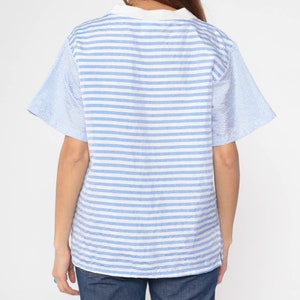 Striped T Shirt 90s Pocket T Shirt White Blue RINGER Tee 90s Grunge Hipster Retro Tee Vintage Normcore Short Sleeve Polyester Large L image 6