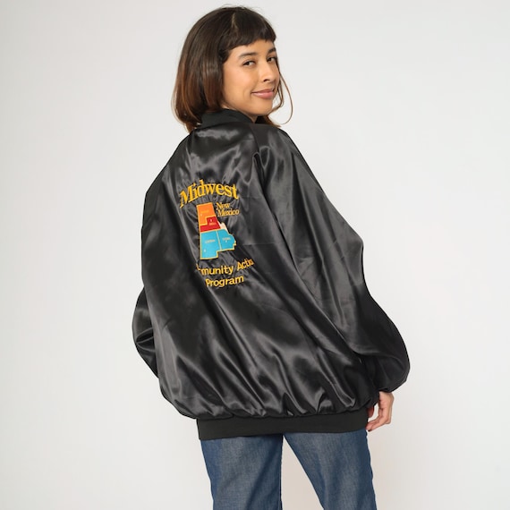90s Satin Uniform Jacket MWNMCAP Jacket Black Bomber Jacket Midwest New Mexico Community Action Program Snap Up Vintage 1990s 2xl xxl