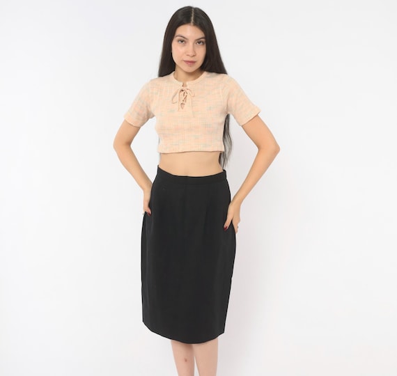 80s Black Pencil Skirt Back Zipper Button Closure Fitted High Waist Office Wear Dark Academia Professional Tailored Vintage Michele Small S