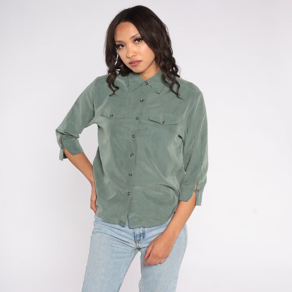 Green Blouse Y2k Military Inspired Button Up Shirt Retro Plain Simple Long Sleeve Collared Top Preppy Basic Vintage 00s Chest Pocket Small