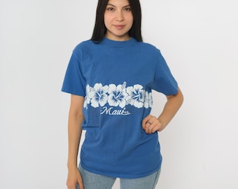 Vintage 90s Maui Hawaii T-Shirt Blue Hibiscus Flower Print Tee 1990s Graphic Hawaiian Hanes Beefy-T USA Tourist Destination Souvenir Small