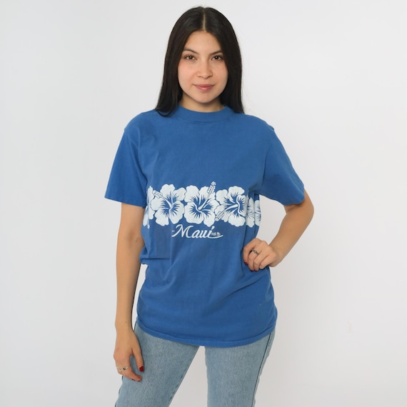 Vintage 90s Maui Hawaii T-Shirt Blue Hibiscus Flower Print Tee 1990s Graphic Hawaiian Hanes Beefy-T USA Tourist Destination Souvenir Small