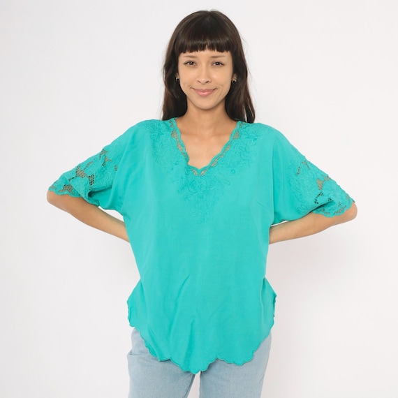 Teal Cutwork Blouse Lace 80s Embroidered Floral Top Scalloped Hem Pullover Aqua Shirt Mint Green Cottagecore Summer Emerald Vintage One Size