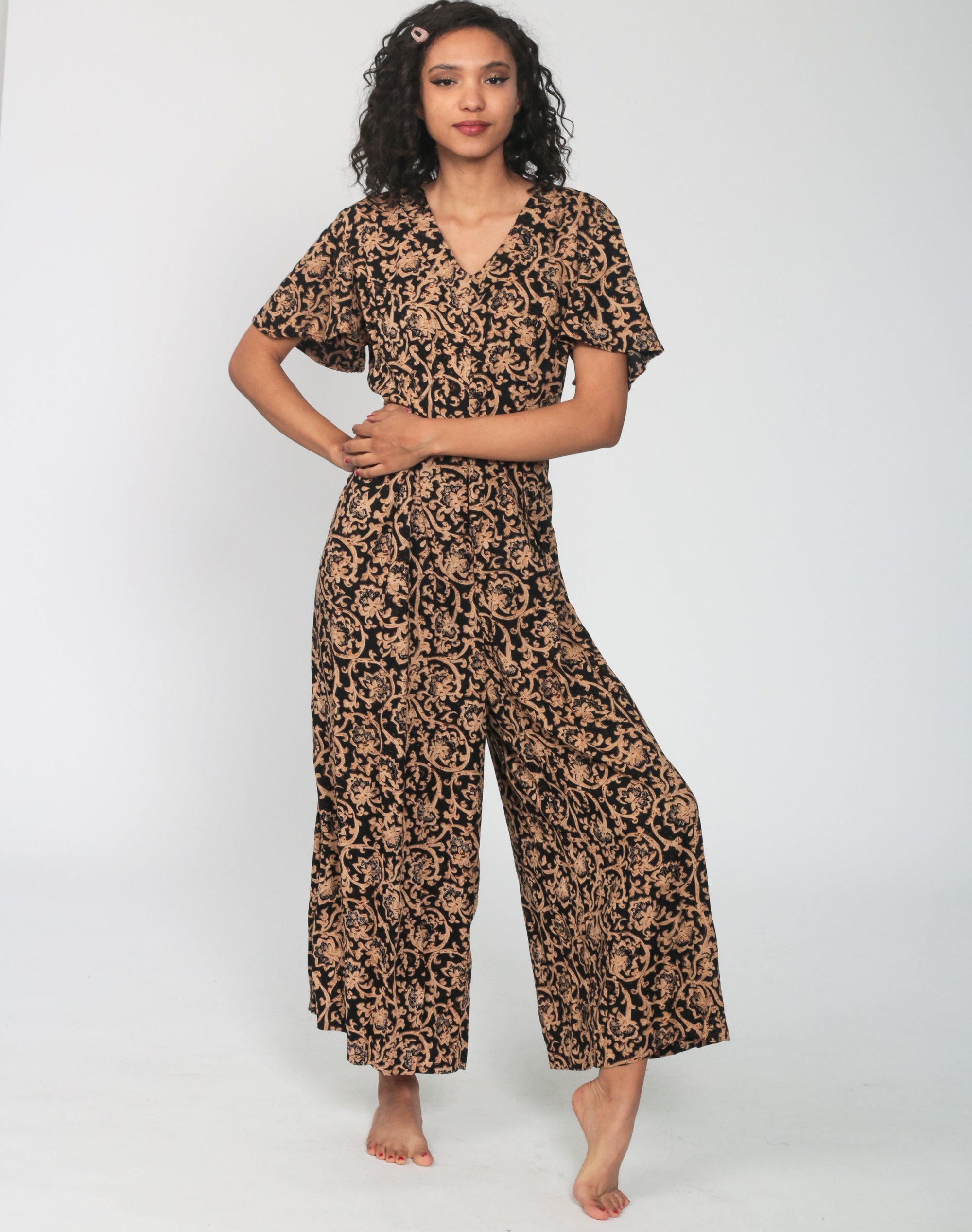Floral Jumpsuit Wide Leg Jumpsuit 90s Rayon Jumpsuit Grunge Palazzo