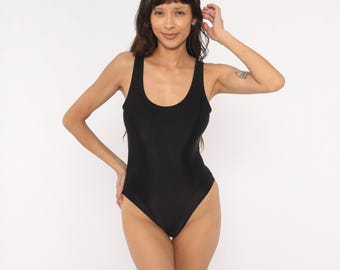 90s Black Bodysuit Tank Leotard High Cut Leg Sleeveless One Piece Swimsuit Fitted Spandex Dance Ballet Body Force Athletic Vintage Medium M